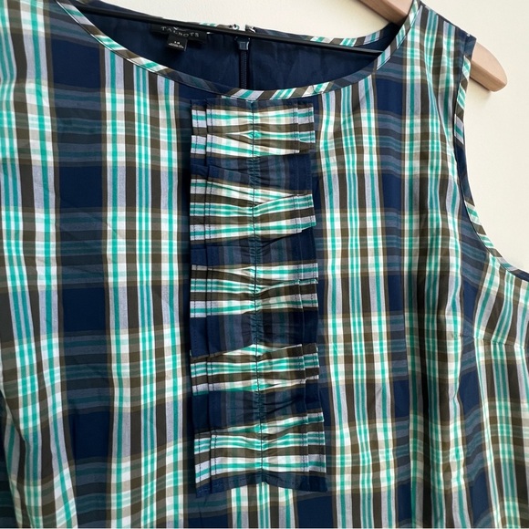 Talbots Blue Green Tartan Plaid Sleeveless Ruffle Stretch Sheath Dress Size 12 - Picture 6 of 12